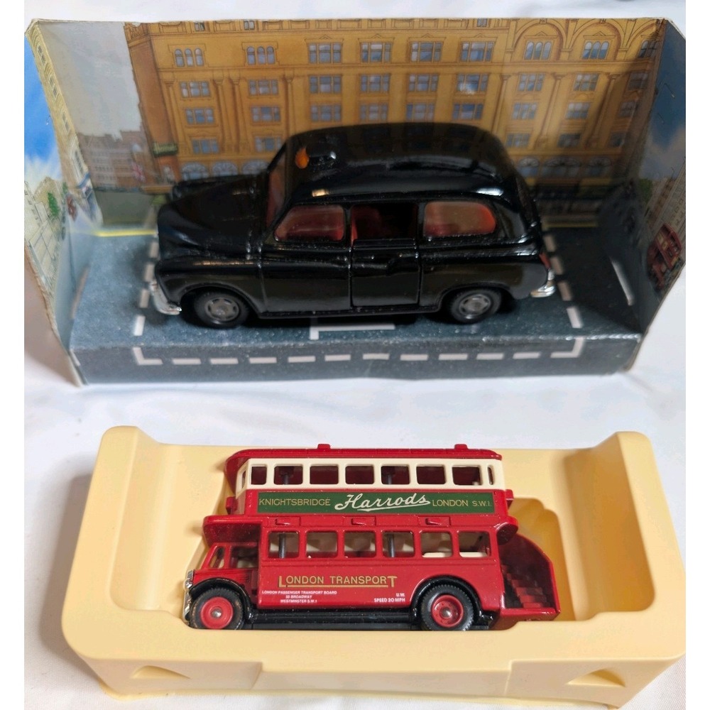 Harrods Knightsbridge Double Decker Bus and Black Taxi Collectible Cars In Box